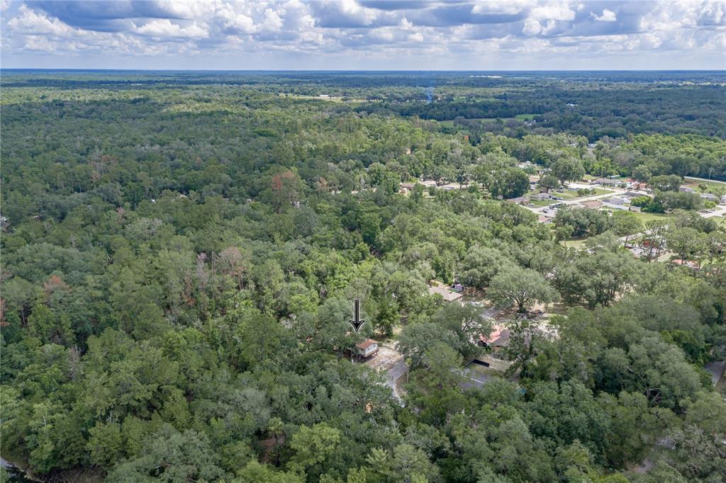 An aerial view shows a house nestled within a dense forest in a rural area — 33065 CEDONIA ROAD, DADE CITY, FL