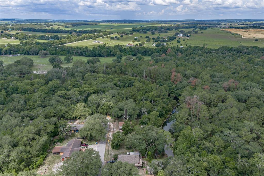 An aerial view shows a house nestled among dense trees next to a winding creek — 33065 CEDONIA ROAD, DADE CITY, FL