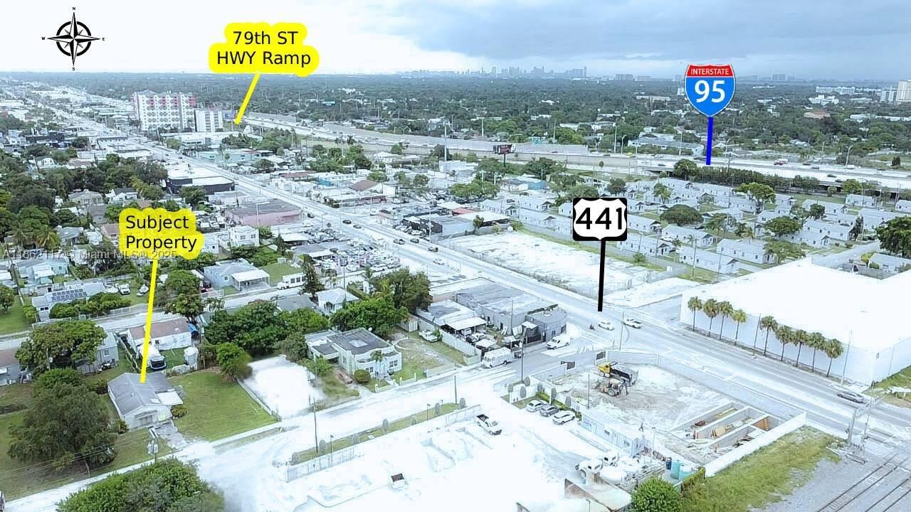 An aerial view shows a residential property near a highway ramp and major road intersection — 759 NW 73rd ST, Miami FL 33150, MIAMI, FL
