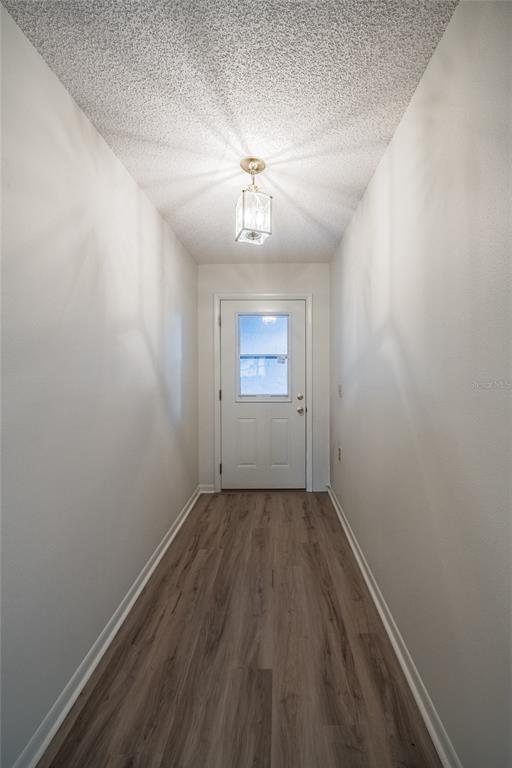 A narrow entryway features light wood-look flooring, white walls, and a single hanging light fixture — 4114 FISHERMANS LANDING, WINTER HAVEN, FL