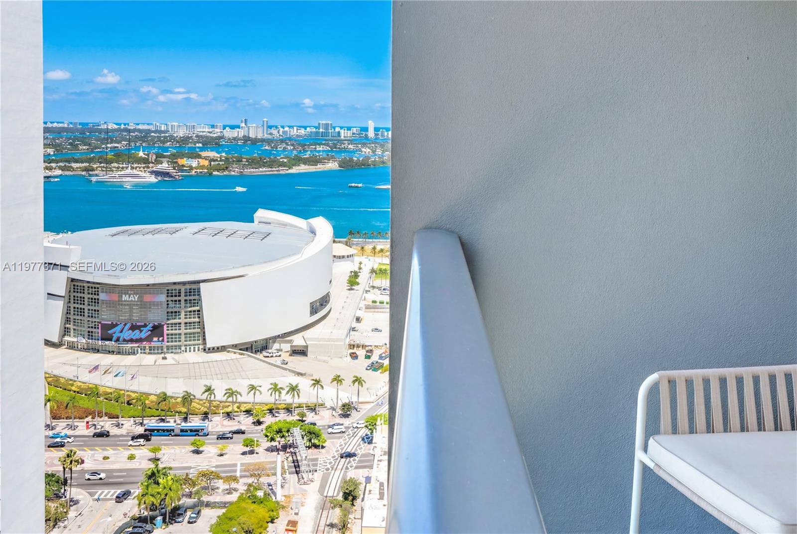 A balcony view overlooks the Kaseya Center and the Miami waterfront — 159 NE 6th St # 2711, Miami FL 33132, MIAMI, FL