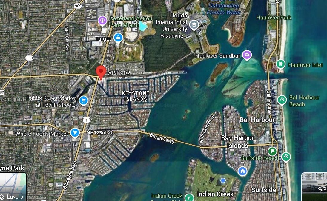 This is a map showing the location of a property near Keystone Islands in Florida — 13499 Biscayne Blvd # 902, North Miami FL 33181, NORTH MIAMI, FL
