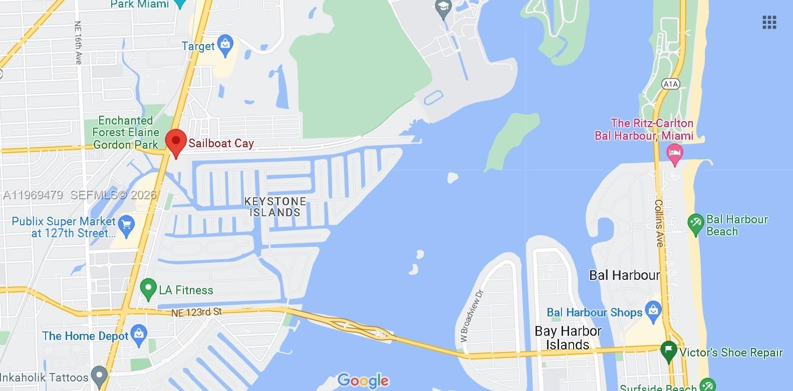This is a map showing the area surrounding the Keystone Islands in North Miami — 13499 Biscayne Blvd # 902, North Miami FL 33181, NORTH MIAMI, FL
