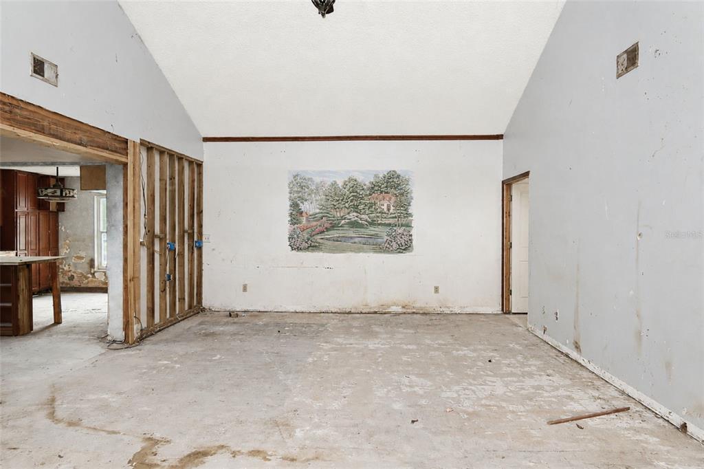 An unfinished room with exposed wall studs, a concrete floor, and a landscape wall mural — 419 ALLSPICE COURT, KISSIMMEE, FL