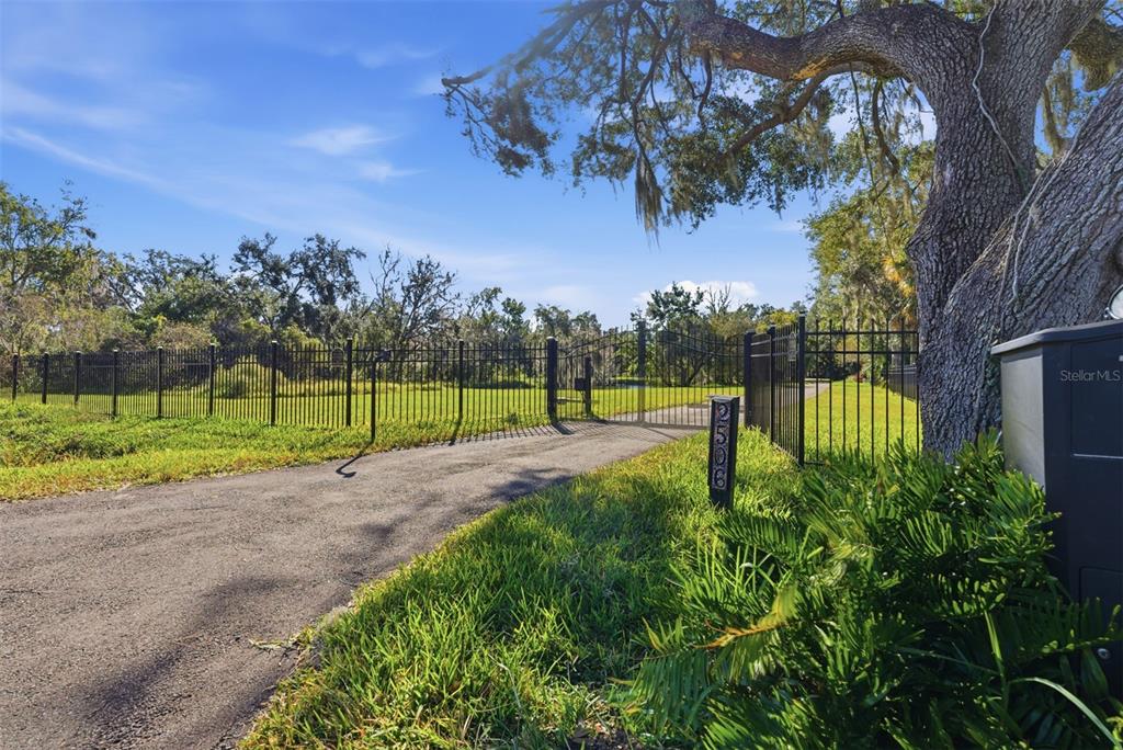 A paved driveway leads to a gated entrance surrounded by a black metal fence and trees — 2506 HAWK GRIFFIN ROAD, PLANT CITY, FL