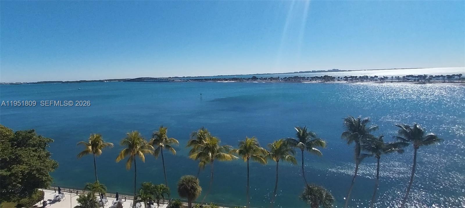 A view of a bay with palm trees in the foreground and a bridge — 2333 Brickell Ave # 602, Miami FL 33129, MIAMI, FL