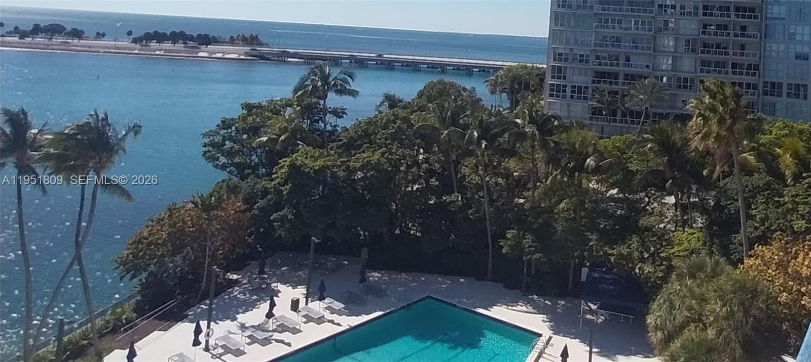 An elevated view of a swimming pool, palm trees, a bridge, and the ocean — 2333 Brickell Ave # 602, Miami FL 33129, MIAMI, FL