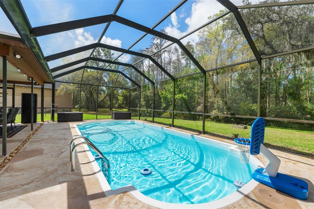 A screened-in swimming pool with a basketball hoop sits on a stone patio — 1357 DINSMORE COURT, NEW PORT RICHEY, FL
