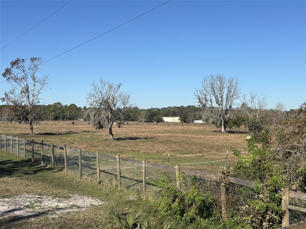 A wire fence encloses a large, dry grassy field with scattered trees under a clear sky — TOMOKA FARMS ROAD, PORT ORANGE, FL