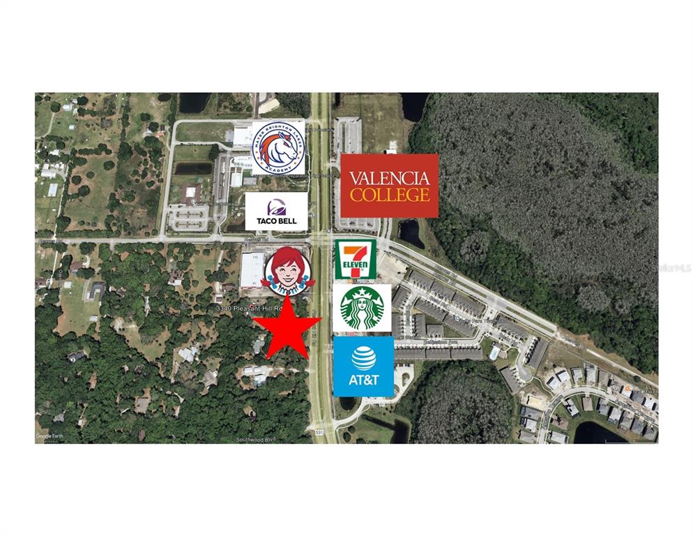 This is an aerial map showing a commercial property location marked with a red star — 3340 PLEASANT HILL ROAD, KISSIMMEE, FL