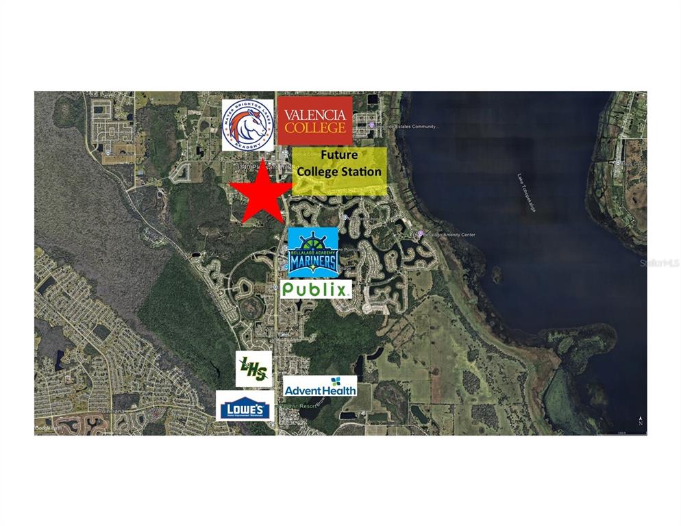 This is an aerial map showing local landmarks, schools, and businesses near a residential area — 3340 PLEASANT HILL ROAD, KISSIMMEE, FL