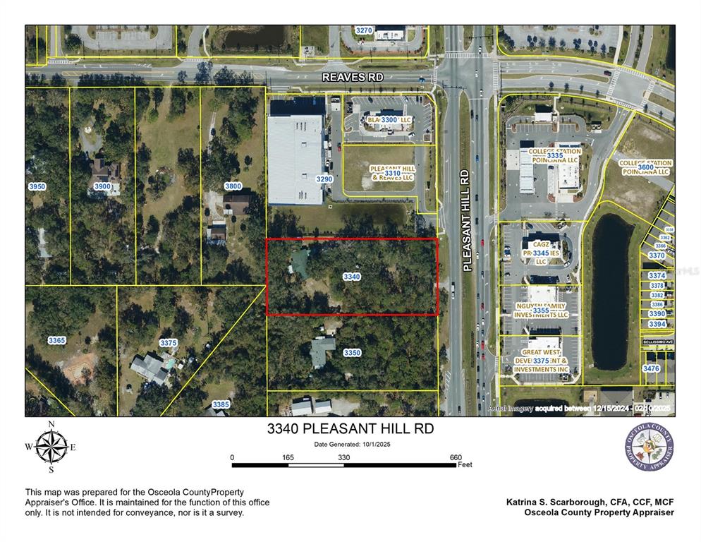 This is a property tax map showing land parcels along Pleasant Hill Road — 3340 PLEASANT HILL ROAD, KISSIMMEE, FL