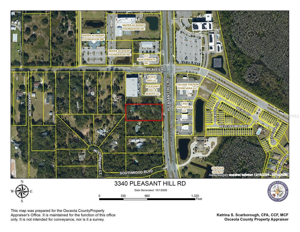 This is an aerial property map showing a highlighted parcel of land along Pleasant Hill Road — 3340 PLEASANT HILL ROAD, KISSIMMEE, FL