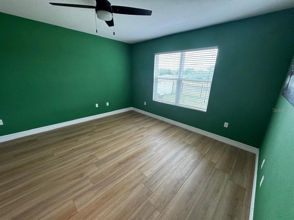 An empty bedroom features green walls, light wood-look flooring, and a ceiling fan — 10526 WHISPERING HAMMOCK DRIVE, RIVERVIEW, FL