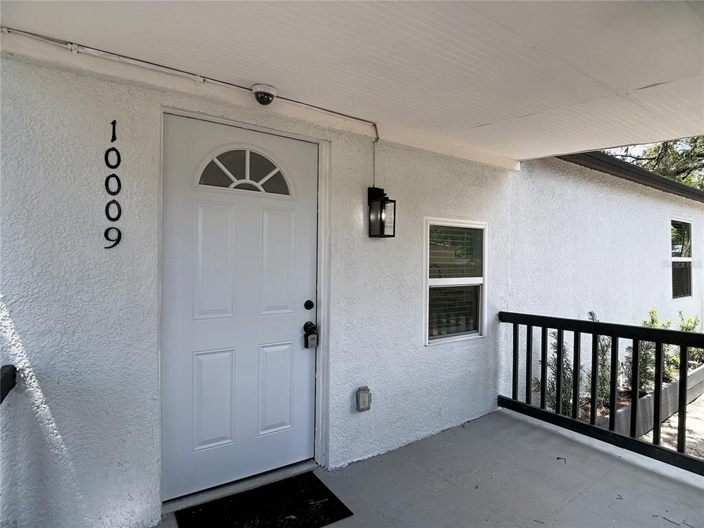 A white front door with a small arched window sits under a covered porch — 10009 N FLORENCE AVENUE, TAMPA, FL