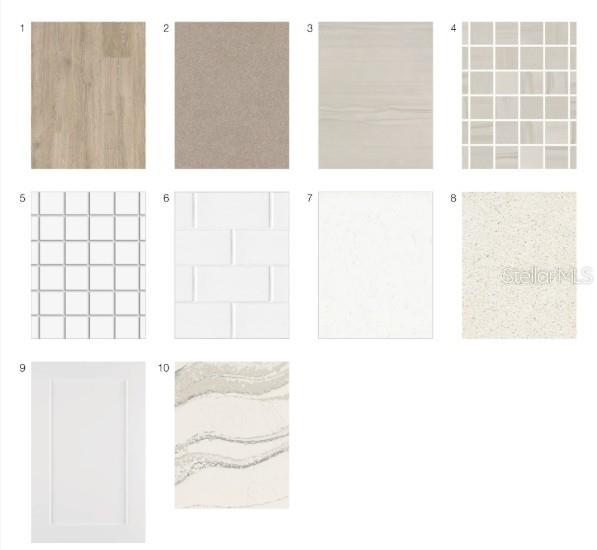 This image shows a grid of ten interior design material samples for home finishes — 7649 MOONBEAM AVENUE, SARASOTA, FL