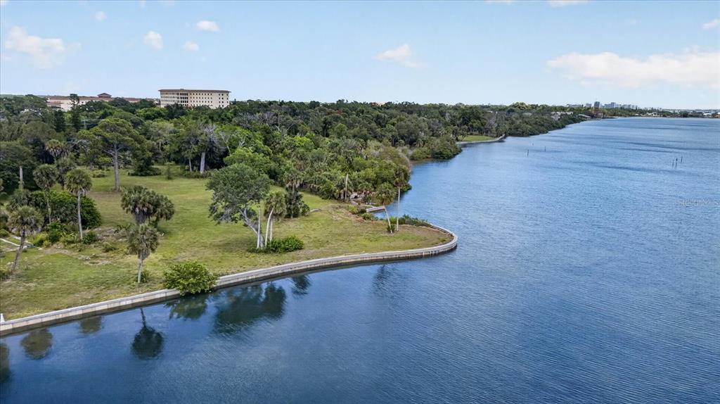 An aerial view shows a grassy waterfront lot with palm trees and a concrete seawall — 8258 LONGBAY BLVD, SARASOTA, FL