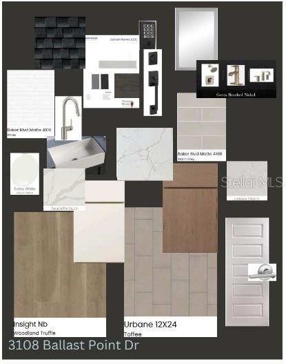 This digital design board displays interior finish samples, including flooring, cabinetry, tile, and hardware — 3108 W BALLAST POINT BOULEVARD, TAMPA, FL