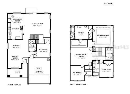 This image shows a two-story floor plan for a residential home named Palmeri — 3108 W BALLAST POINT BOULEVARD, TAMPA, FL