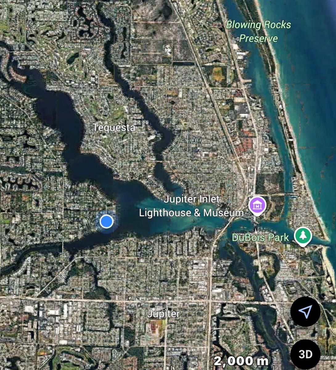 This is a satellite map showing the Jupiter Inlet area in Florida with labeled landmarks — 5270 Pennock Point Road, Jupiter FL 33458, JUPITER, FL