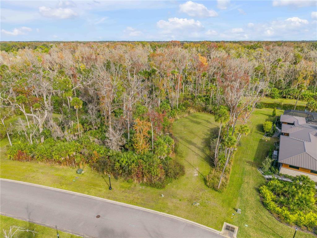 An aerial view shows a vacant, grassy residential lot bordered by trees and a house — 2307 LEGACY LANE, NEW SMYRNA BEACH, FL