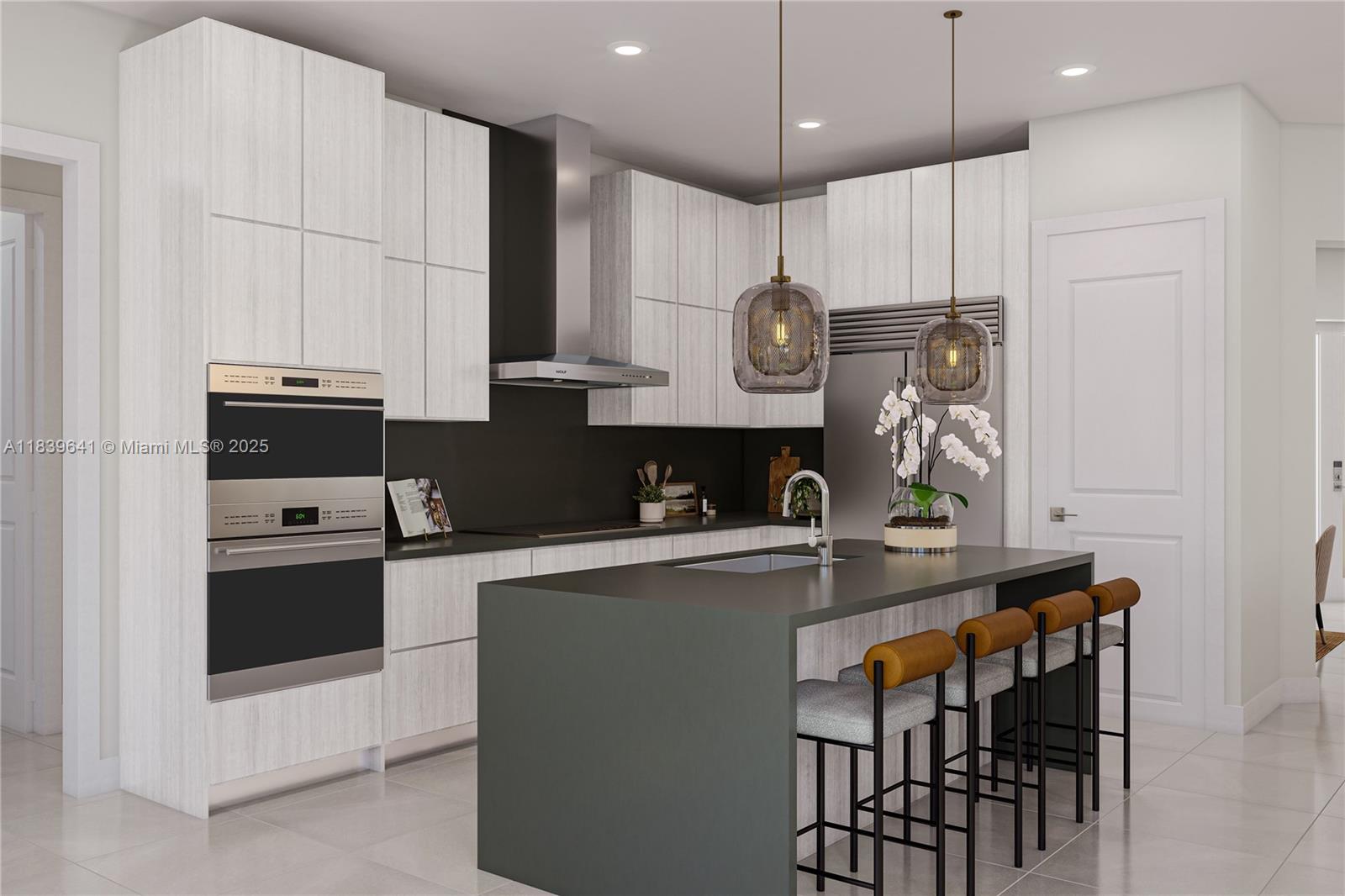 This rendering shows a modern kitchen with light wood cabinets, dark countertops, and a central island — 19642 NE 14 AVE, Miami FL 33179, MIAMI, FL