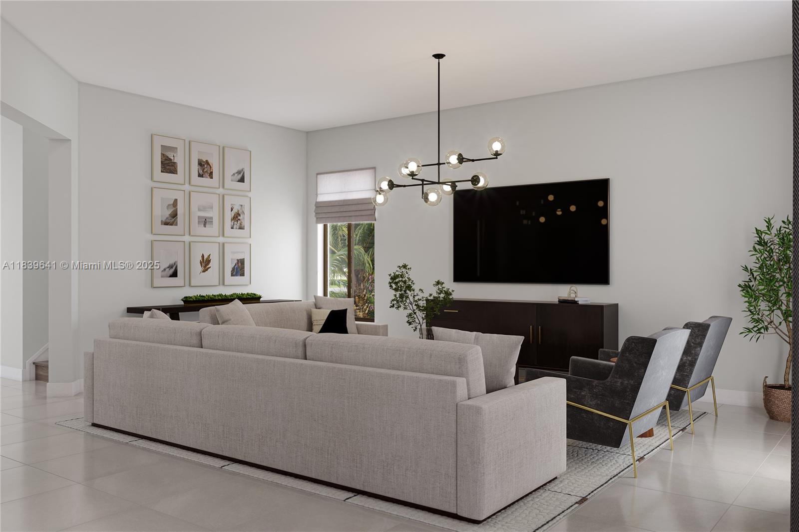 This is a rendering of a modern living room featuring a sectional sofa and chandelier — 19642 NE 14 AVE, Miami FL 33179, MIAMI, FL
