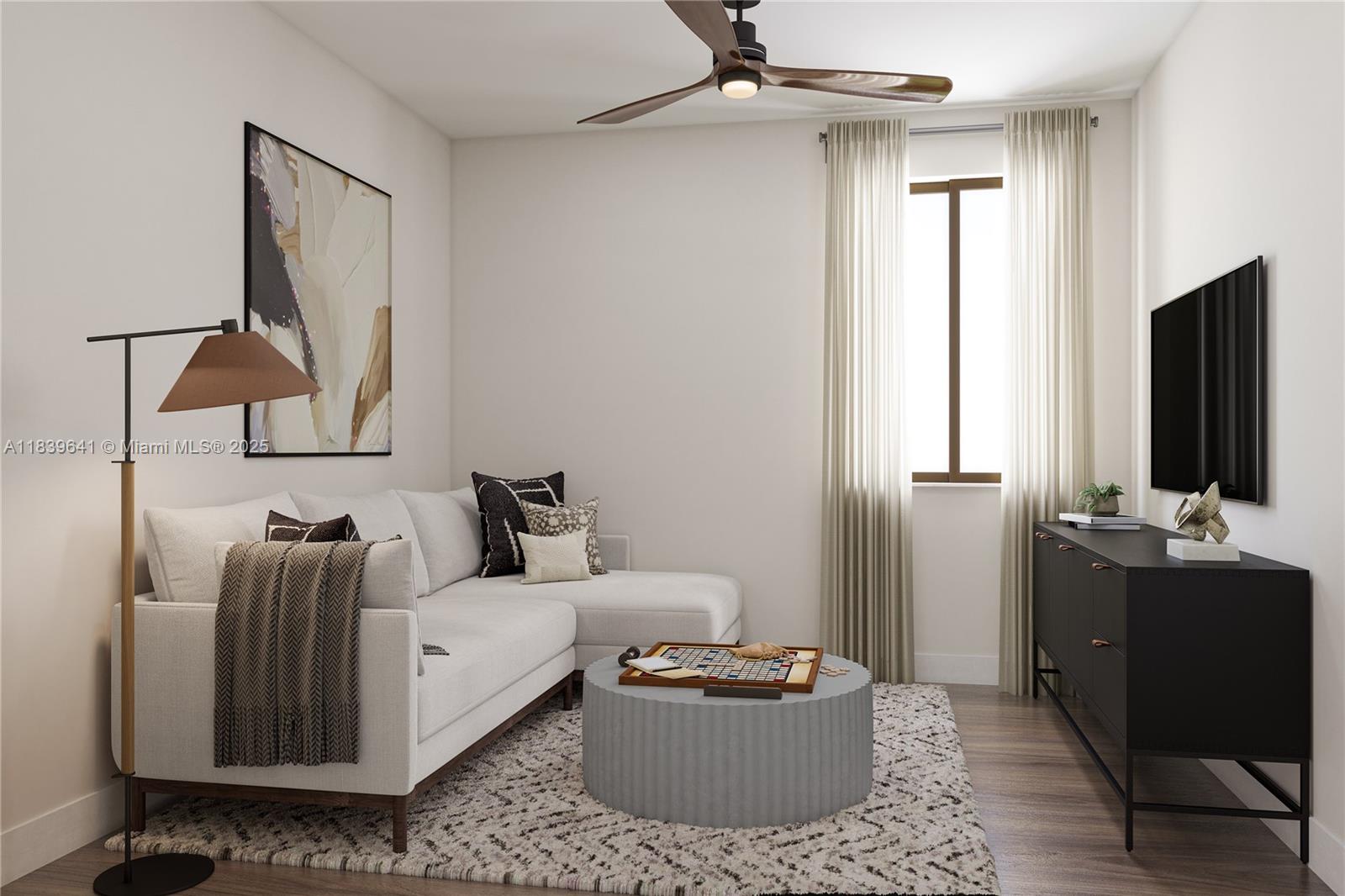 This rendering shows a living room with a sectional sofa, coffee table, and television console — 19642 NE 14 AVE, Miami FL 33179, MIAMI, FL