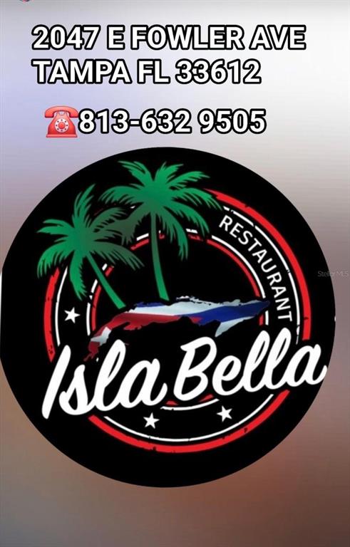 This is a graphic logo for a restaurant featuring palm trees and a map outline — 2047 E FOWLER, TAMPA, FL
