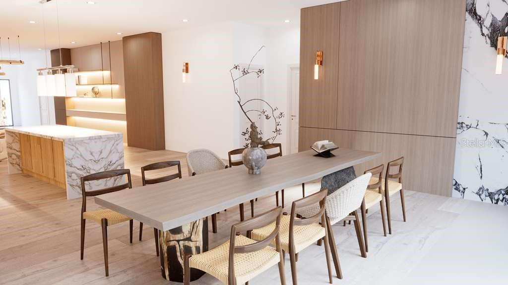 This rendering shows a modern dining room with a long wooden table and woven chairs — TBD SW 151ST AVENUE, OCALA, FL