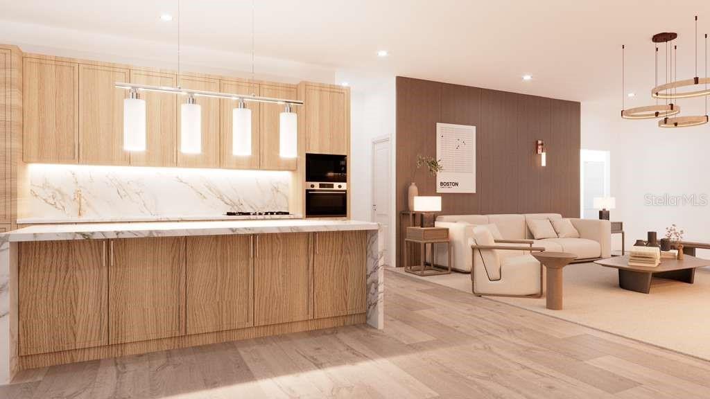This is a rendering of a modern kitchen and living area with light wood cabinetry — TBD SW 151ST AVENUE, OCALA, FL