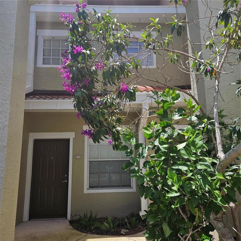 A two-story townhouse exterior with a dark brown front door and a flowering purple shrub — 5500 BENTGRASS DRIVE UNIT 6-112, SARASOTA, FL