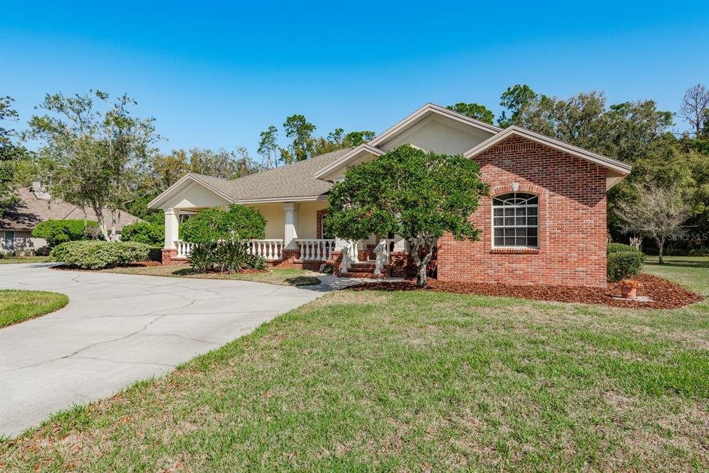 A single-story brick house with a covered porch and a concrete driveway — 6207 CLAIRE DE LUNE COURT, NEW PORT RICHEY, FL