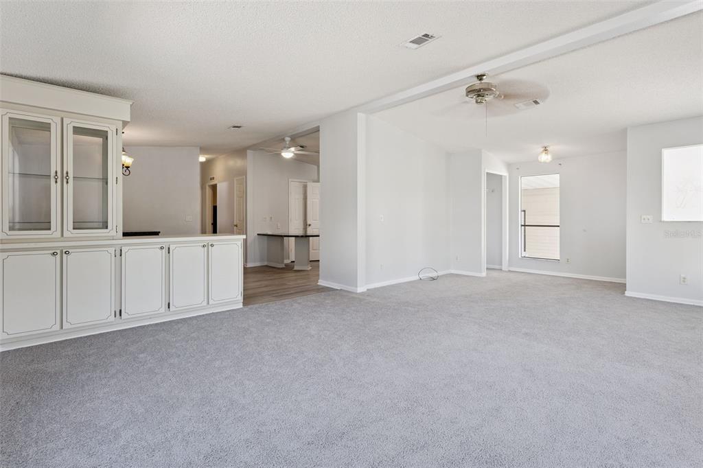 A spacious living room features gray carpeting, white walls, and a built-in cabinet unit — 1787 W SCHWARTZ BOULEVARD, LADY LAKE, FL