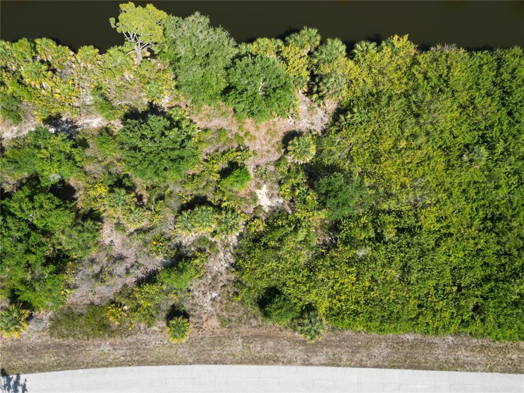 An aerial view shows a wooded, undeveloped lot bordering a body of water — 7418 SIOUX STREET, PORT CHARLOTTE, FL