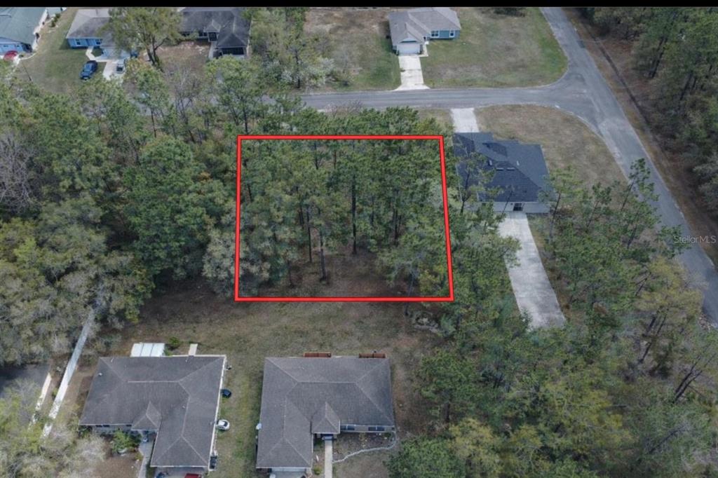 An aerial view shows a rectangular, tree-covered vacant lot outlined in red between two houses — 9080 N AKOLA WAY UNIT 8, DUNNELLON, FL