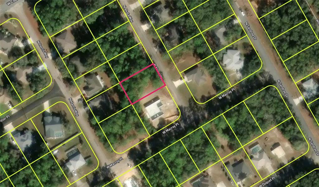 This is an aerial map showing a vacant residential lot outlined in pink — 9080 N AKOLA WAY UNIT 8, DUNNELLON, FL