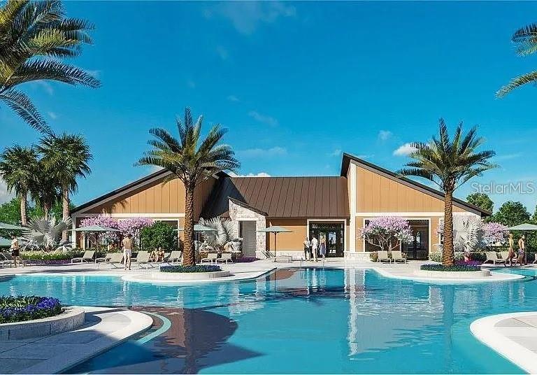 A rendering of a modern clubhouse exterior with a large swimming pool and palm trees — 3419 ROVER ROAD, EAGLE LAKE, FL