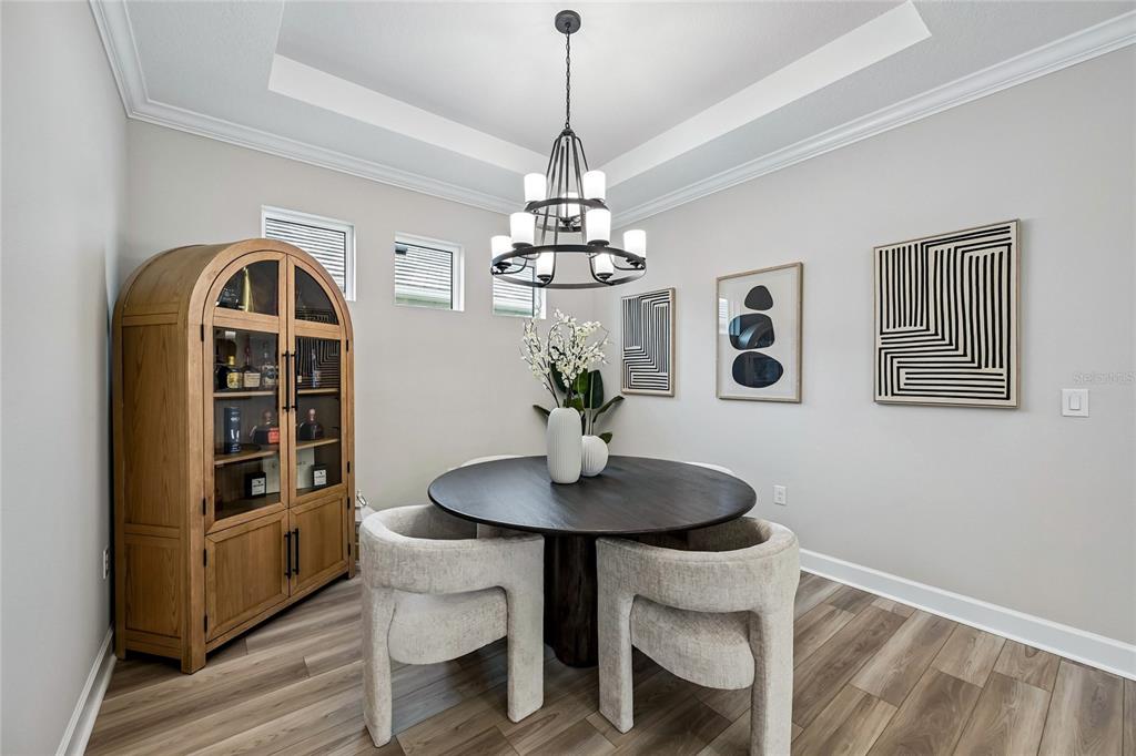 A dining room features a round table, four upholstered chairs, a wooden cabinet, and chandelier — 3362 ALBA CIRCLE, BRADENTON, FL