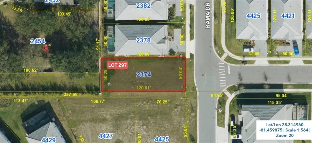 This is a map showing a vacant residential lot outlined in red — 2374 RAMA DRIVE, KISSIMMEE, FL