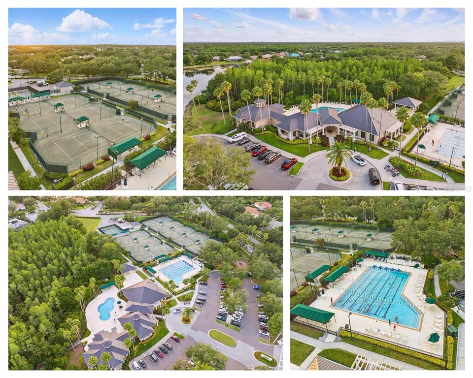 Aerial views show a community clubhouse, swimming pools, and multiple tennis courts surrounded by trees — 10232 ESTUARY DRIVE, TAMPA, FL