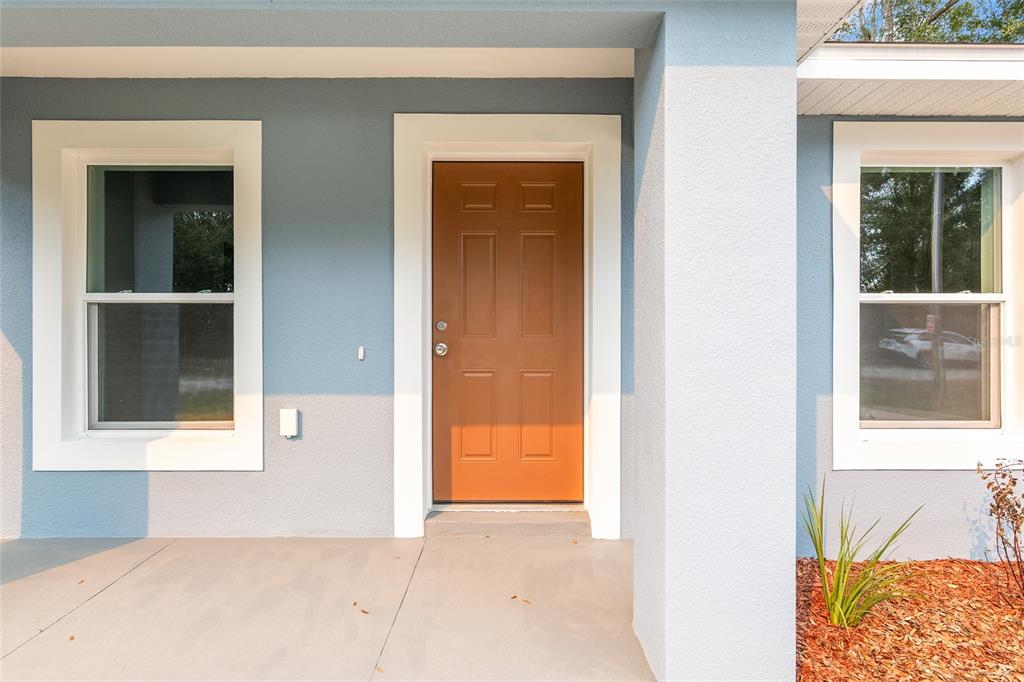 A front porch features a brown door flanked by two windows on a blue house — 3344 SW 151 COURT, OCALA, FL