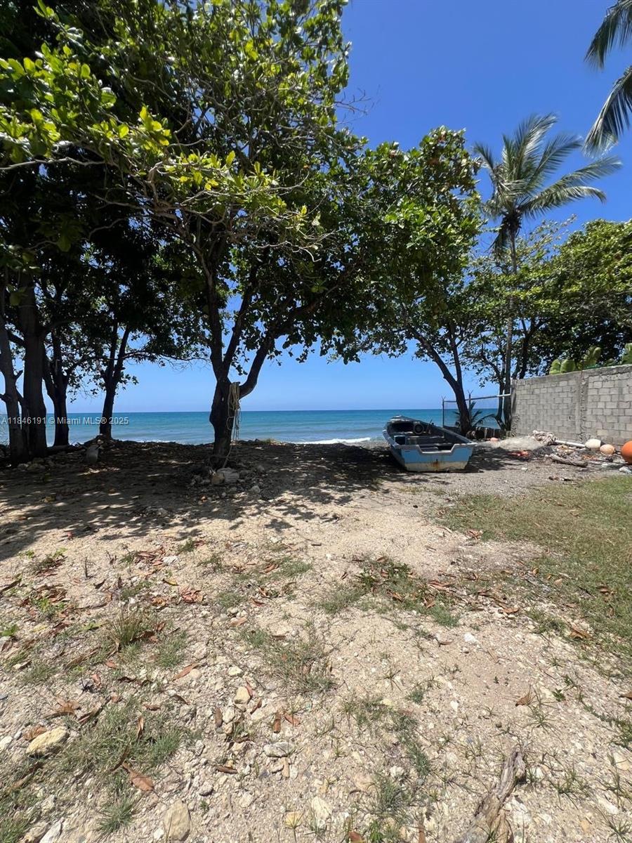 A small boat sits on a sandy beach under trees facing the ocean — Paya Bani Dominican Republic, 00000, FL