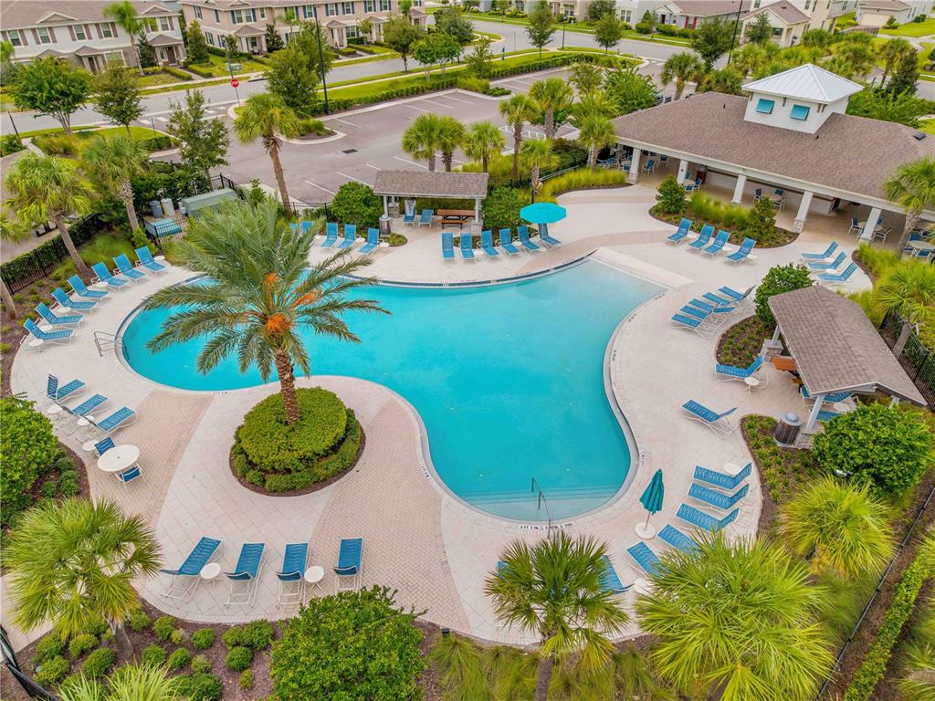 An aerial view of a community swimming pool with lounge chairs and a covered pavilion — 9605 LOST CREEK DRIVE, WINTER GARDEN, FL