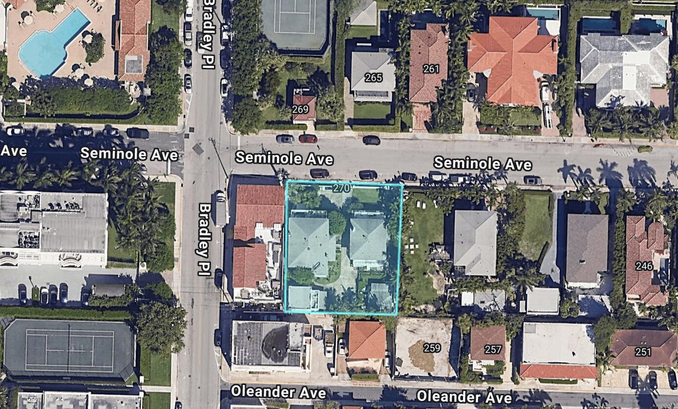 This is an aerial map view of a residential property highlighted in blue — 264 Seminole Avenue, Palm Beach FL 33480, PALM BEACH, FL