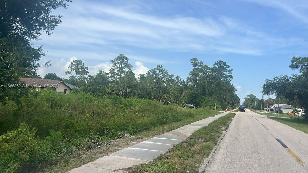 A paved road runs alongside a grassy, undeveloped lot with trees under a blue sky — 805 E 6 st, Lehigh Acres FL 33972, LEHIGH ACRES, FL