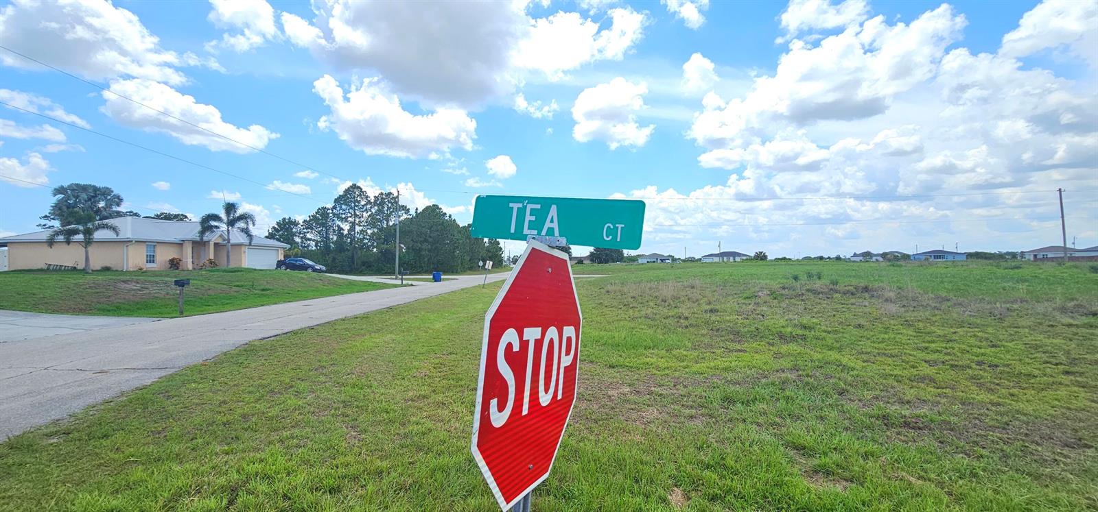 A stop sign and a street sign for Tea Ct stand before a grassy vacant lot — 9009 Tea Court, FL 33935, FL