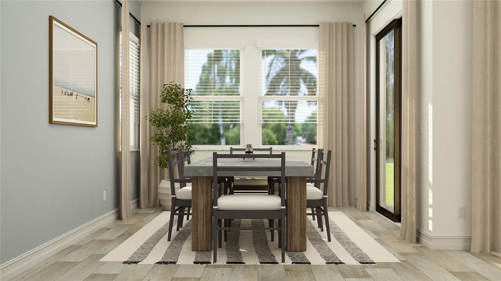 This is a rendering of a dining room featuring a table, chairs, and large windows — 11580 69T PLACE E, PALMETTO, FL