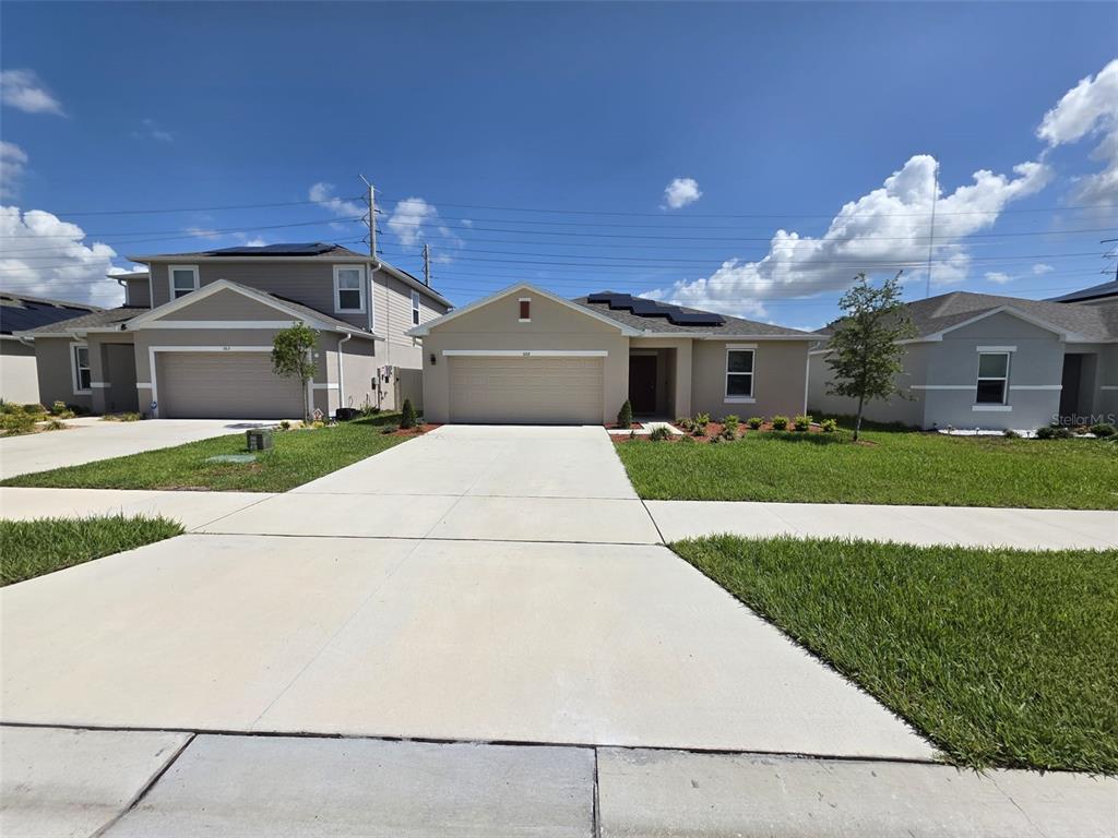 A suburban street view shows three single-story houses with driveways and solar panels on roofs — 559 WAYLAND DRIVE, HAINES CITY, FL