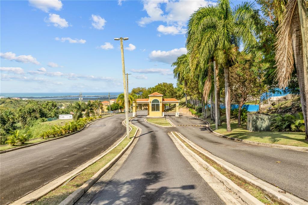 An asphalt road leads to a gated community entrance with a yellow guardhouse and palms — 10 I UNIT 202, RIO GRANDE, PR